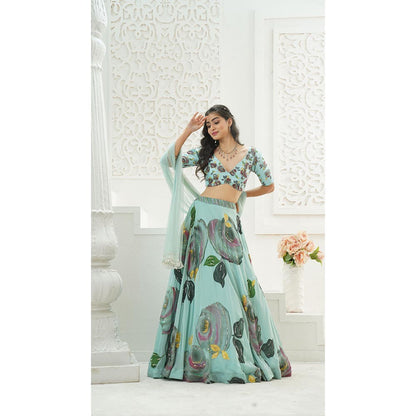 PRITI SAHNI DESIGNS Dusty Blue Embroidered Blouse with Lehenga & Dupatta