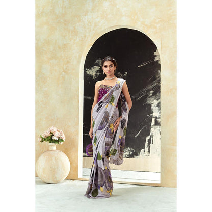 PRITI SAHNI DESIGNS Periwinkle Hand Painted Pre Drape Saree with Corset Blouse