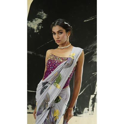 PRITI SAHNI DESIGNS Periwinkle Hand Painted Pre Drape Saree with Corset Blouse