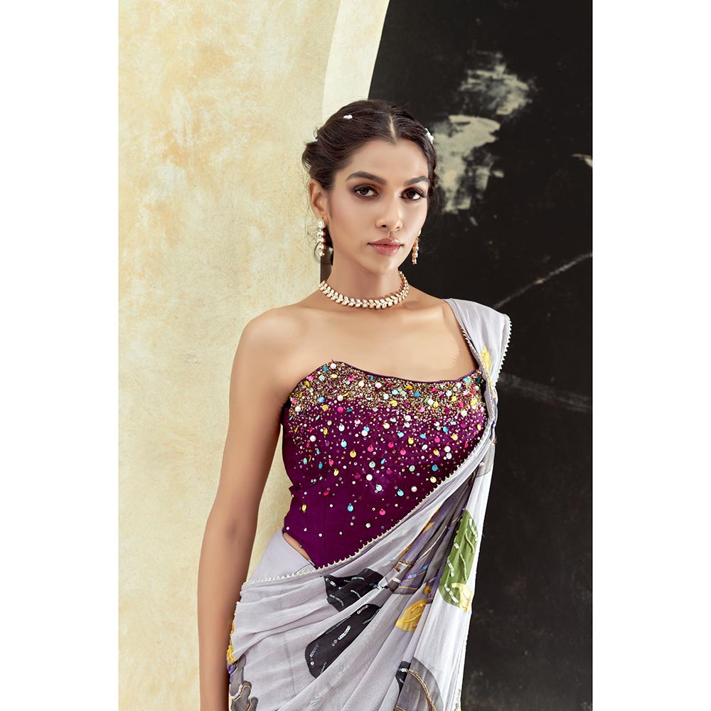 PRITI SAHNI DESIGNS Periwinkle Hand Painted Pre Drape Saree with Corset Blouse