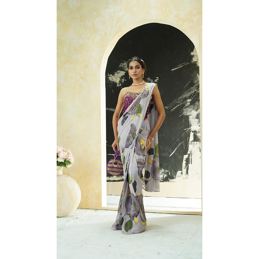 PRITI SAHNI DESIGNS Periwinkle Hand Painted Pre Drape Saree with Corset Blouse