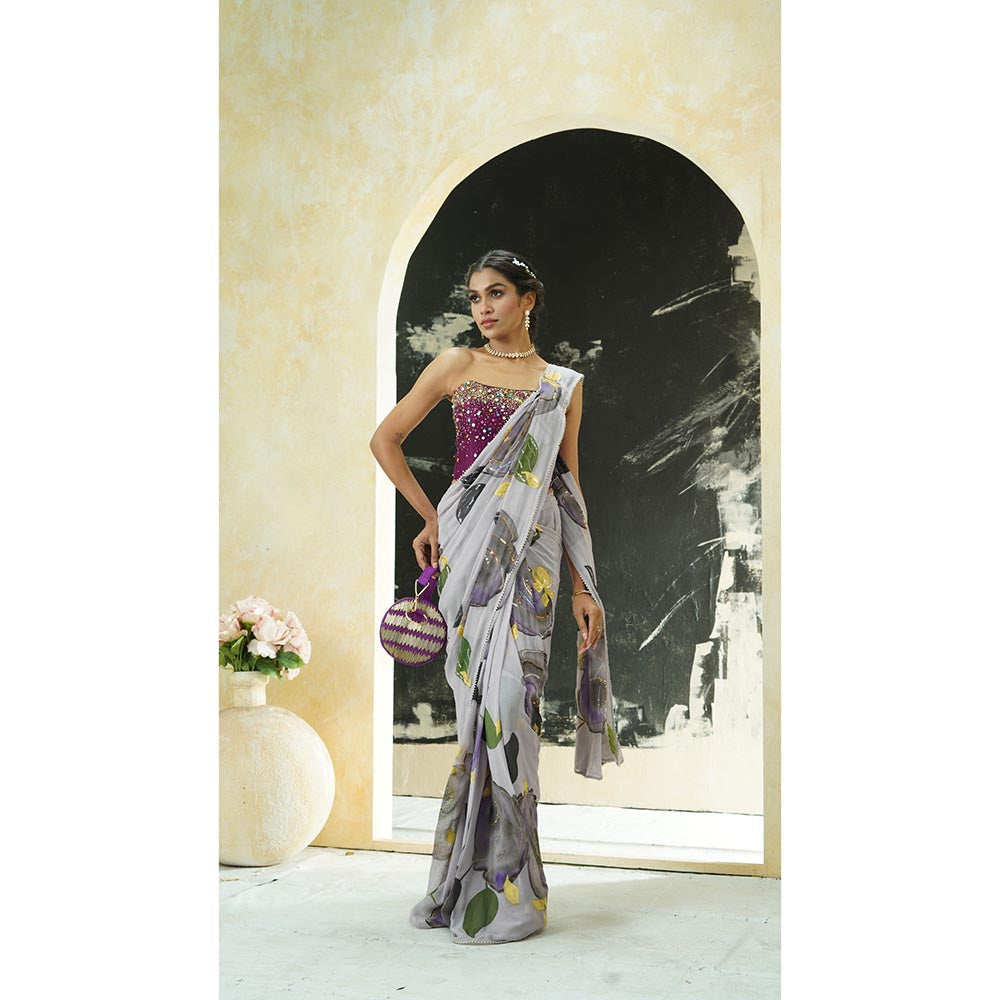 PRITI SAHNI DESIGNS Periwinkle Hand Painted Pre Drape Saree with Corset Blouse