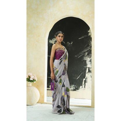 PRITI SAHNI DESIGNS Periwinkle Hand Painted Pre Drape Saree with Corset Blouse
