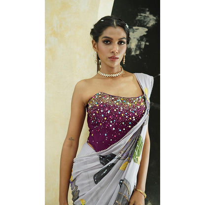 PRITI SAHNI DESIGNS Periwinkle Hand Painted Pre Drape Saree with Corset Blouse