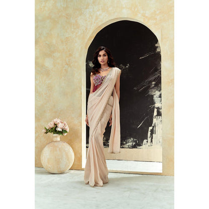 PRITI SAHNI DESIGNS Ivory Embellished Pre Drape Saree with Corset Blouse