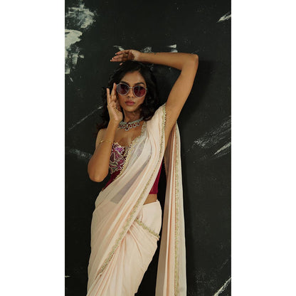 PRITI SAHNI DESIGNS Ivory Embellished Pre Drape Saree with Corset Blouse