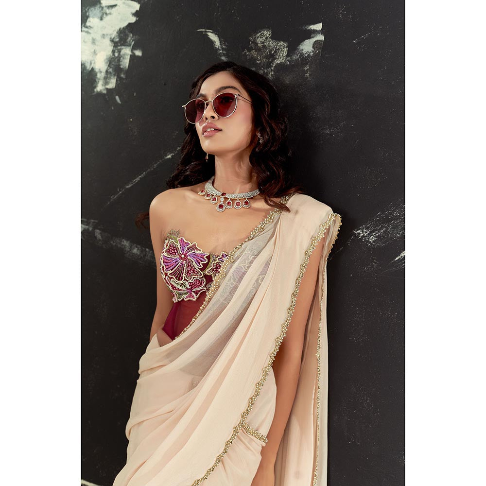 PRITI SAHNI DESIGNS Ivory Embellished Pre Drape Saree with Corset Blouse