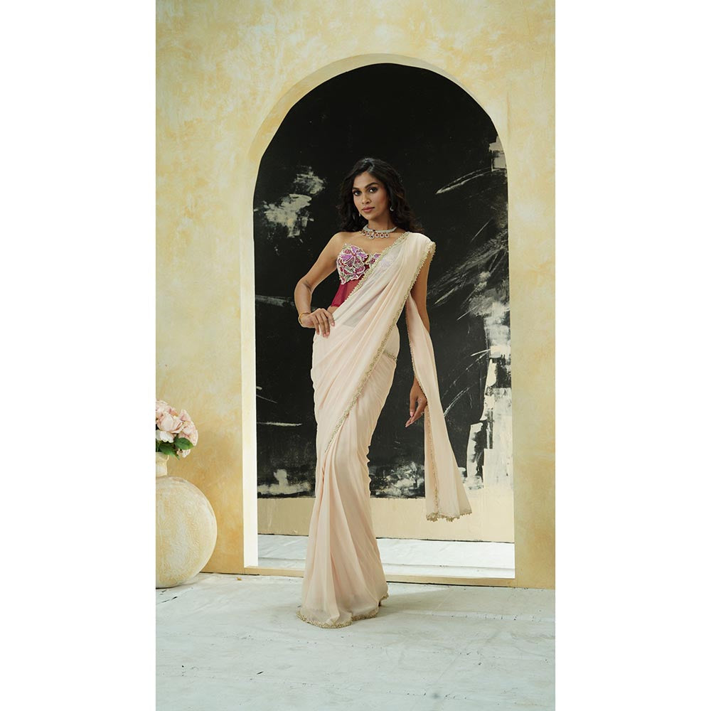 PRITI SAHNI DESIGNS Ivory Embellished Pre Drape Saree with Corset Blouse