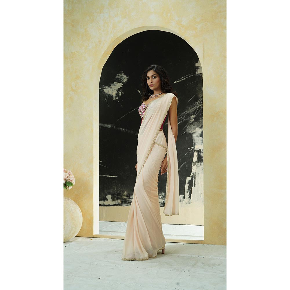 PRITI SAHNI DESIGNS Ivory Embellished Pre Drape Saree with Corset Blouse