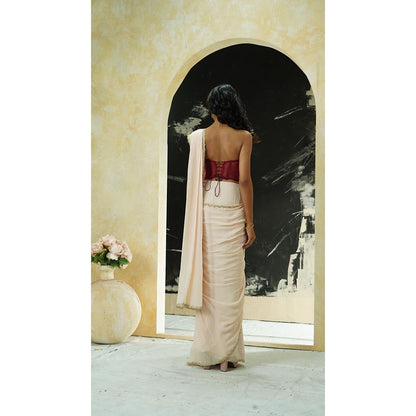 PRITI SAHNI DESIGNS Ivory Embellished Pre Drape Saree with Corset Blouse