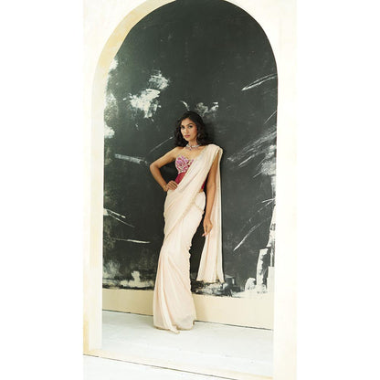 PRITI SAHNI DESIGNS Ivory Embellished Pre Drape Saree with Corset Blouse