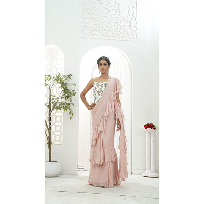 PRITI SAHNI DESIGNS Mauve Ruffle Pre Drape Saree with Corset Blouse