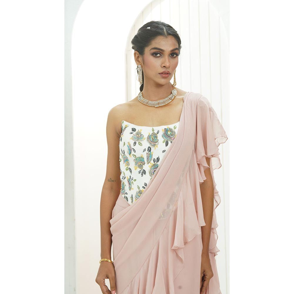 PRITI SAHNI DESIGNS Mauve Ruffle Pre Drape Saree with Corset Blouse