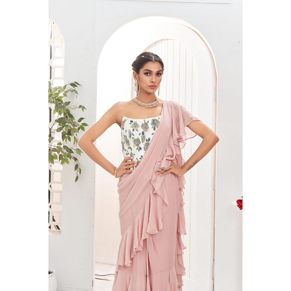 PRITI SAHNI DESIGNS Mauve Ruffle Pre Drape Saree with Corset Blouse