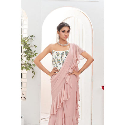 PRITI SAHNI DESIGNS Mauve Ruffle Pre Drape Saree with Corset Blouse
