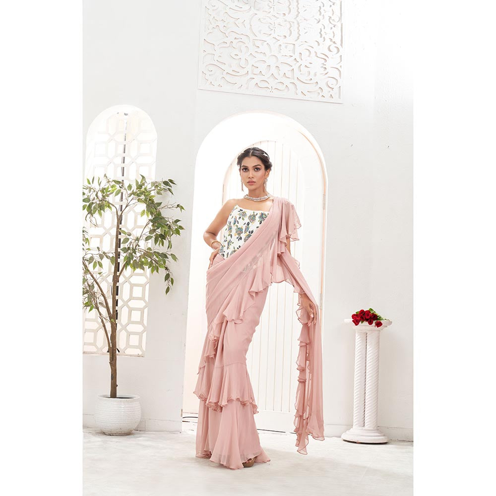 PRITI SAHNI DESIGNS Mauve Ruffle Pre Drape Saree with Corset Blouse