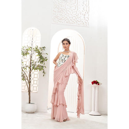 PRITI SAHNI DESIGNS Mauve Ruffle Pre Drape Saree with Corset Blouse