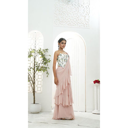 PRITI SAHNI DESIGNS Mauve Ruffle Pre Drape Saree with Corset Blouse