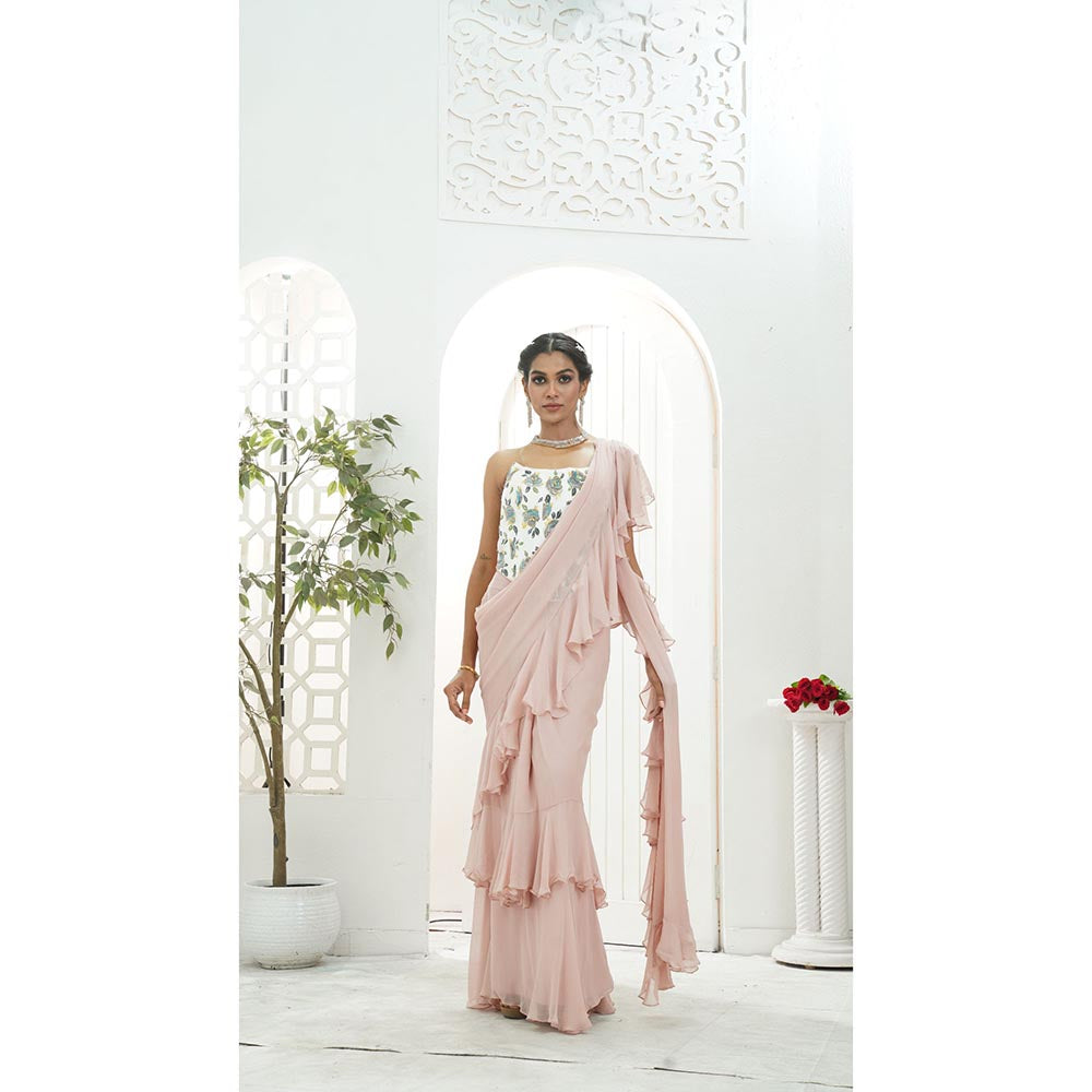 PRITI SAHNI DESIGNS Mauve Ruffle Pre Drape Saree with Corset Blouse