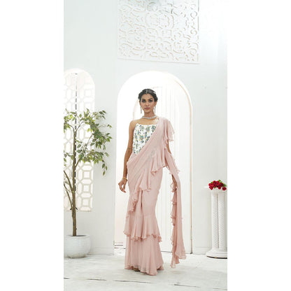 PRITI SAHNI DESIGNS Mauve Ruffle Pre Drape Saree with Corset Blouse