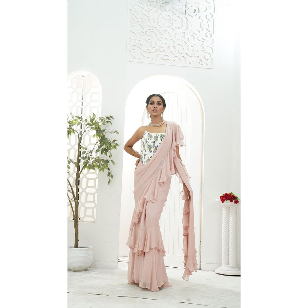 PRITI SAHNI DESIGNS Mauve Ruffle Pre Drape Saree with Corset Blouse