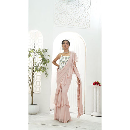 PRITI SAHNI DESIGNS Mauve Ruffle Pre Drape Saree with Corset Blouse