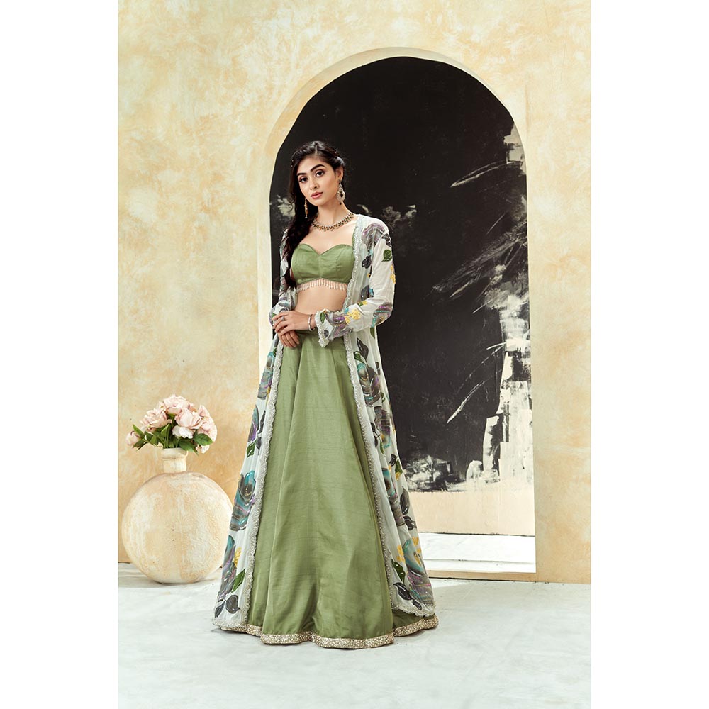 PRITI SAHNI DESIGNS Sage Green Floral Embroidered Jacket with Blouse & Lehenga
