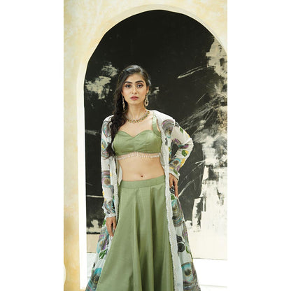 PRITI SAHNI DESIGNS Sage Green Floral Embroidered Jacket with Blouse & Lehenga