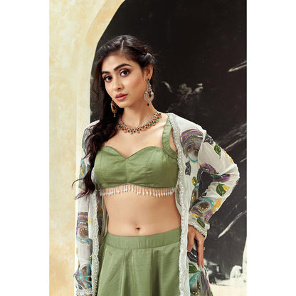 PRITI SAHNI DESIGNS Sage Green Floral Embroidered Jacket with Blouse & Lehenga