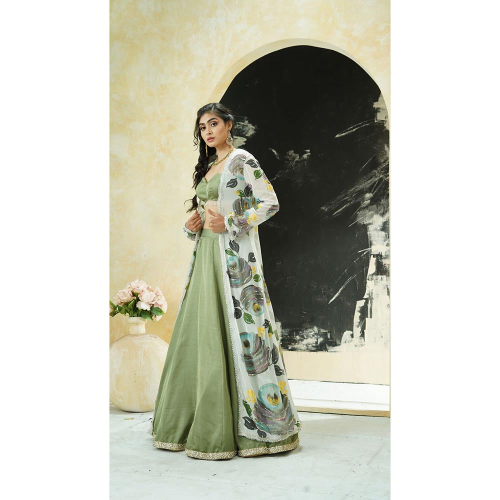 PRITI SAHNI DESIGNS Sage Green Floral Embroidered Jacket with Blouse & Lehenga