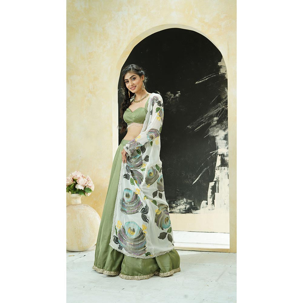 PRITI SAHNI DESIGNS Sage Green Floral Embroidered Jacket with Blouse & Lehenga