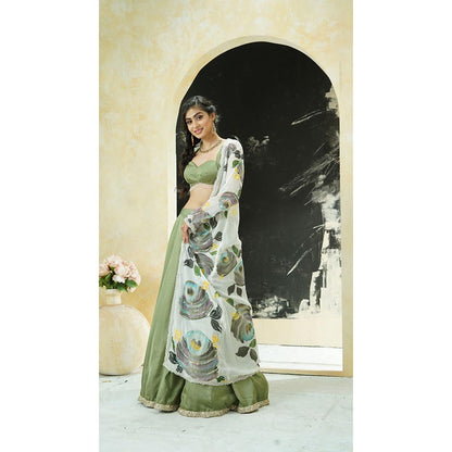 PRITI SAHNI DESIGNS Sage Green Floral Embroidered Jacket with Blouse & Lehenga