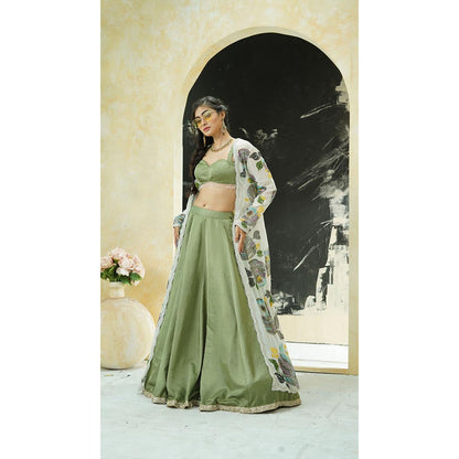 PRITI SAHNI DESIGNS Sage Green Floral Embroidered Jacket with Blouse & Lehenga