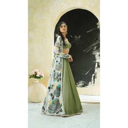 PRITI SAHNI DESIGNS Sage Green Floral Embroidered Jacket with Blouse & Lehenga