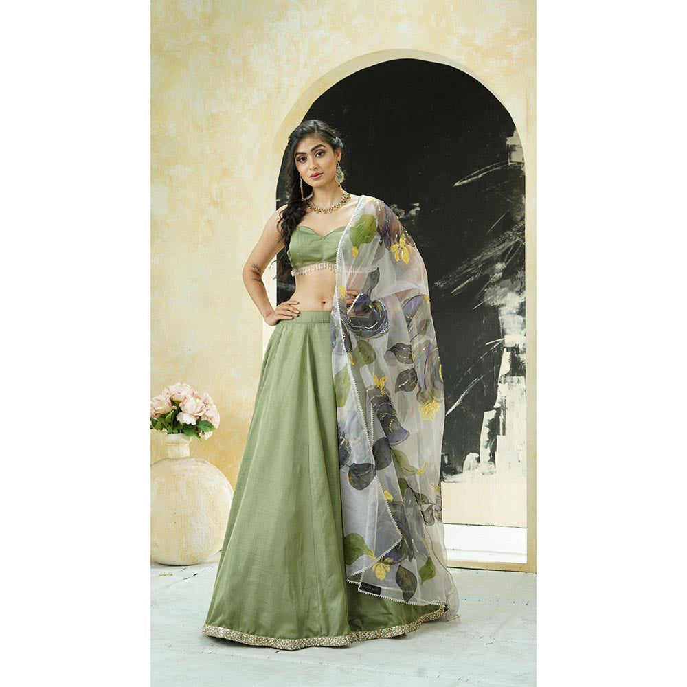 PRITI SAHNI DESIGNS Sage Green Embroidered Blouse with Lehenga & Dupatta