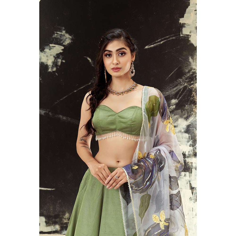 PRITI SAHNI DESIGNS Sage Green Embroidered Blouse with Lehenga & Dupatta