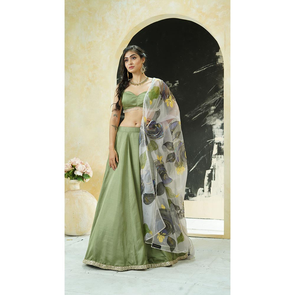 PRITI SAHNI DESIGNS Sage Green Embroidered Blouse with Lehenga & Dupatta