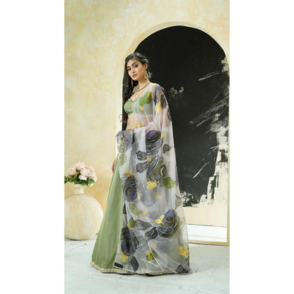 PRITI SAHNI DESIGNS Sage Green Embroidered Blouse with Lehenga & Dupatta