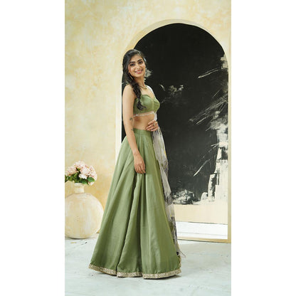 PRITI SAHNI DESIGNS Sage Green Embroidered Blouse with Lehenga & Dupatta