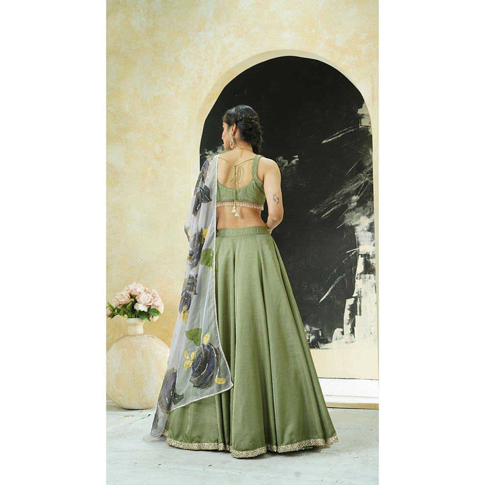 PRITI SAHNI DESIGNS Sage Green Embroidered Blouse with Lehenga & Dupatta