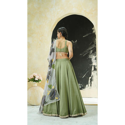 PRITI SAHNI DESIGNS Sage Green Embroidered Blouse with Lehenga & Dupatta
