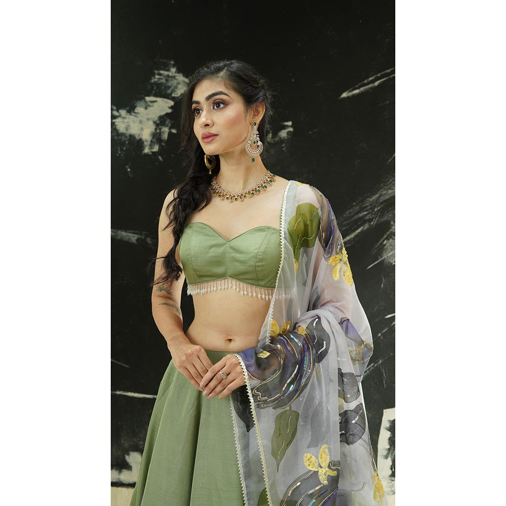 PRITI SAHNI DESIGNS Sage Green Embroidered Blouse with Lehenga & Dupatta