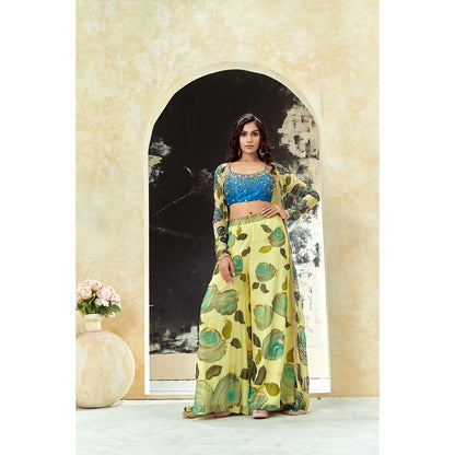 PRITI SAHNI DESIGNS Lime Yellow Hand Painted Blouse with Palazzo & Jacket