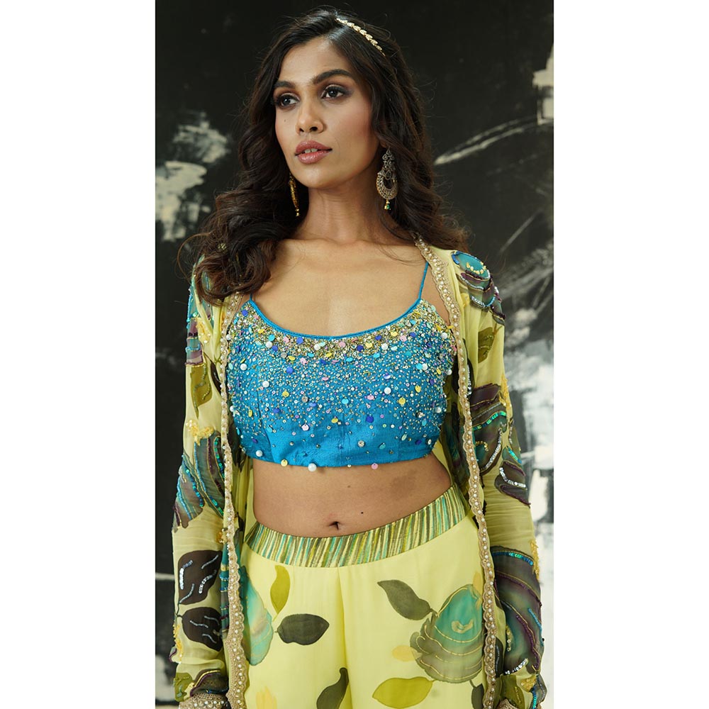 PRITI SAHNI DESIGNS Lime Yellow Hand Painted Blouse with Palazzo & Jacket