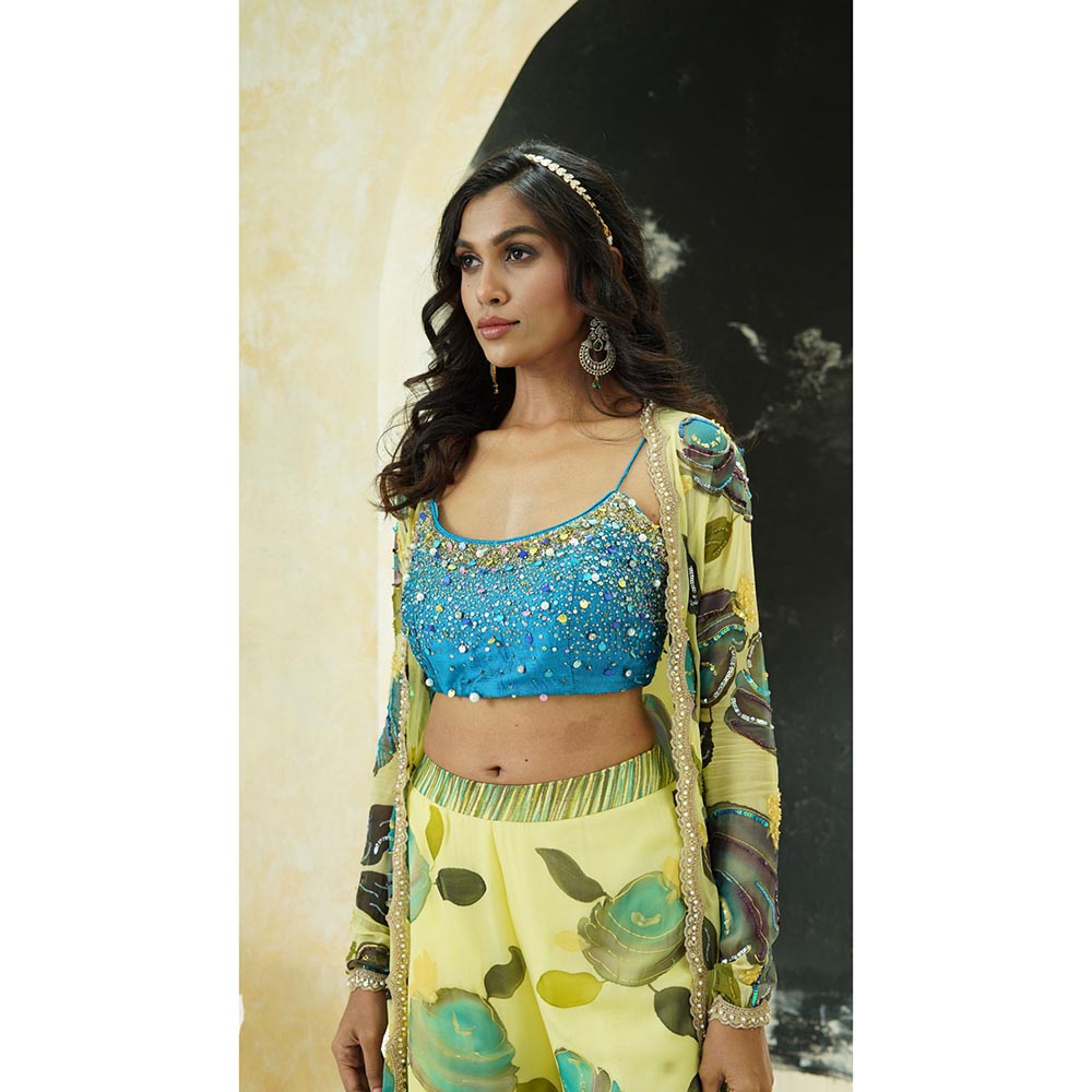 PRITI SAHNI DESIGNS Lime Yellow Hand Painted Blouse with Palazzo & Jacket