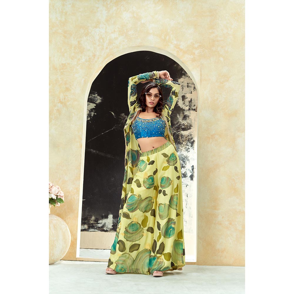 PRITI SAHNI DESIGNS Lime Yellow Hand Painted Blouse with Palazzo & Jacket