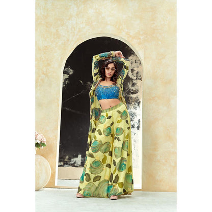 PRITI SAHNI DESIGNS Lime Yellow Hand Painted Blouse with Palazzo & Jacket