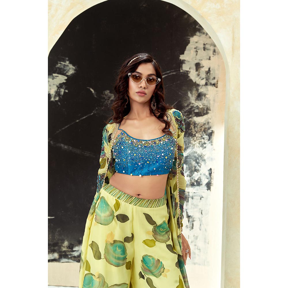 PRITI SAHNI DESIGNS Lime Yellow Hand Painted Blouse with Palazzo & Jacket