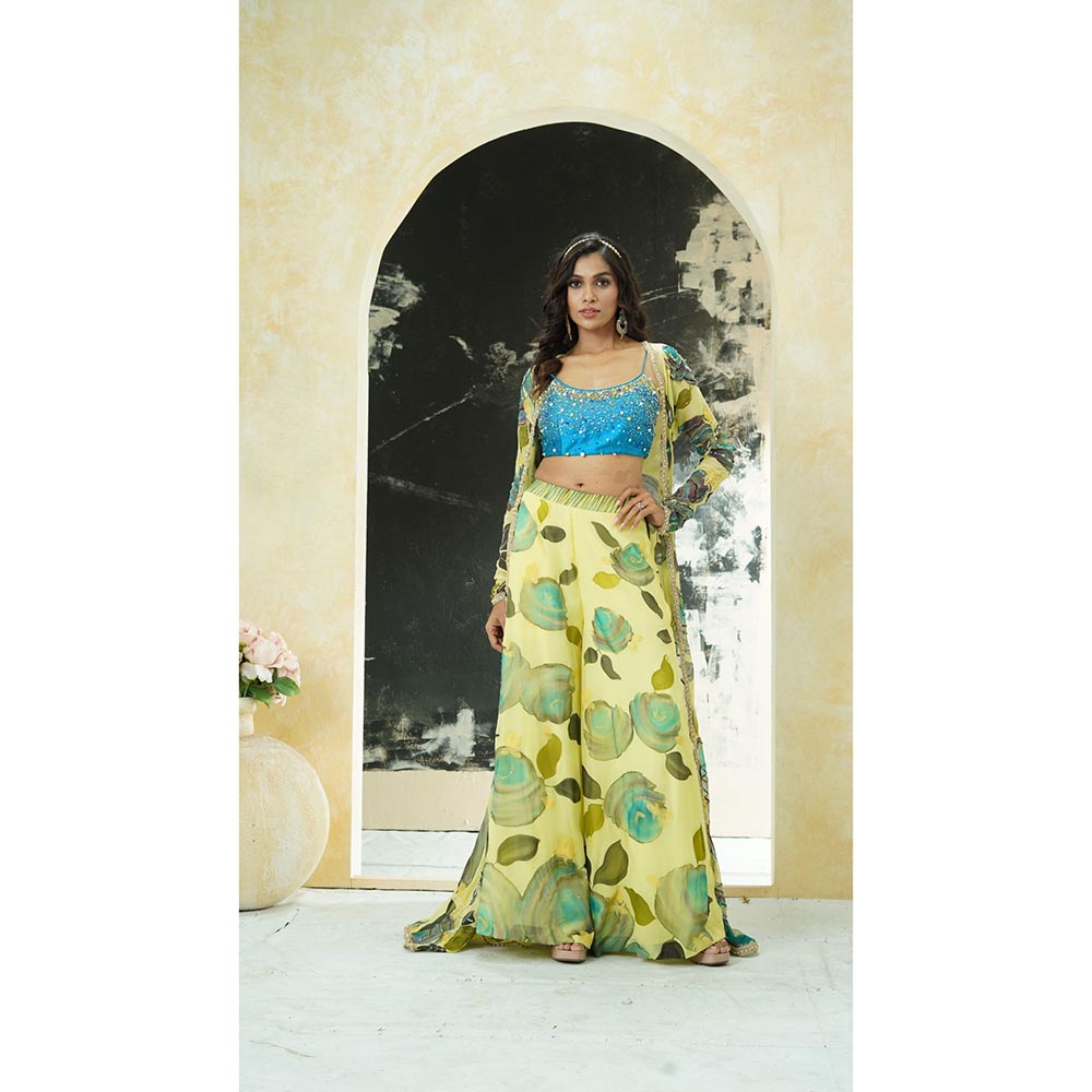 PRITI SAHNI DESIGNS Lime Yellow Hand Painted Blouse with Palazzo & Jacket