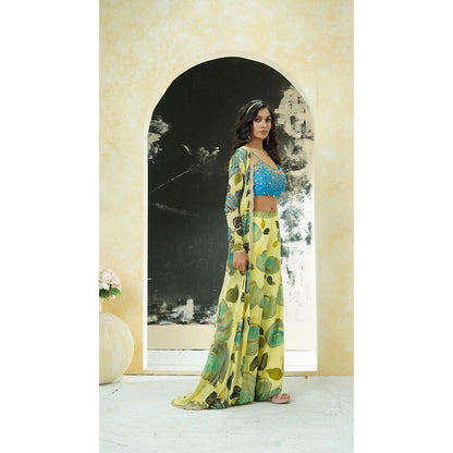PRITI SAHNI DESIGNS Lime Yellow Hand Painted Blouse with Palazzo & Jacket